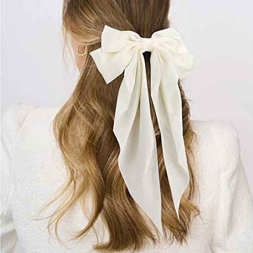Silky Satin Hair Bows 2Pcs Big Hair Bows for Women Hair Ribbons Oversized Long Tail White Hair Bow Black Hair Bow Large Hair Ribbon Barrettes Metal Clips Bowknot Aesthetic Hair Accessories