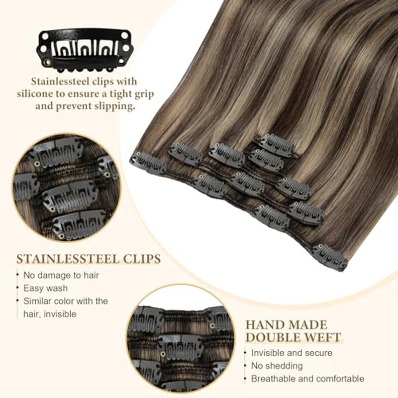 Remy Hair Extensions Clip in Human hair Chocolate Brown To Caramel Blonde Brazilian Clip on Real Human Hair Extensions Natural Straight Clip ins Hair for Women 16 Inch 60G 5 PCS Invisible Double Weft