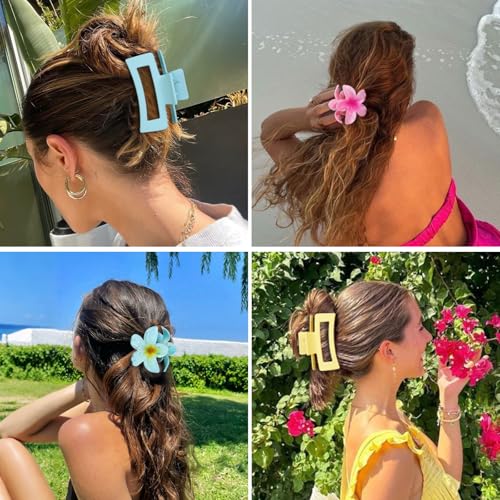 Flower Hair Clips for Women Square Claw Clips for Girls 2 Styles Hair Claw Clips for Thick or Thin Hair 6 PCS Hawaiian Hibiscus Rectangle Large Plumeria Medium Hair Accessories for Women (Pink)