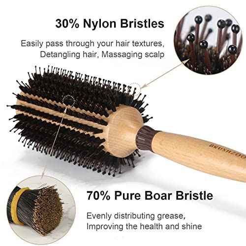 BRUSHZOO Round Brush for Blow Out Styling, Curling, Straightening for Women & Men - Wooden Brush with AddShine Volume (2.4 Inch)
