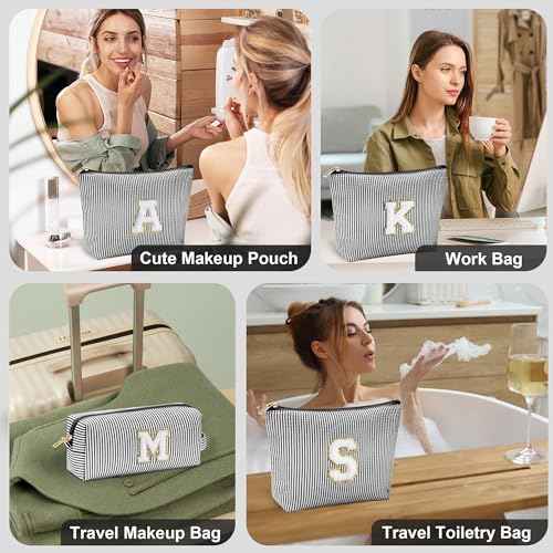 YOOLIFE Initial Makeup Bag - Personalized Monogrammed Travel Toiletry Bag, Perfect for Teens, Weddings, and Preppy Styles - Black