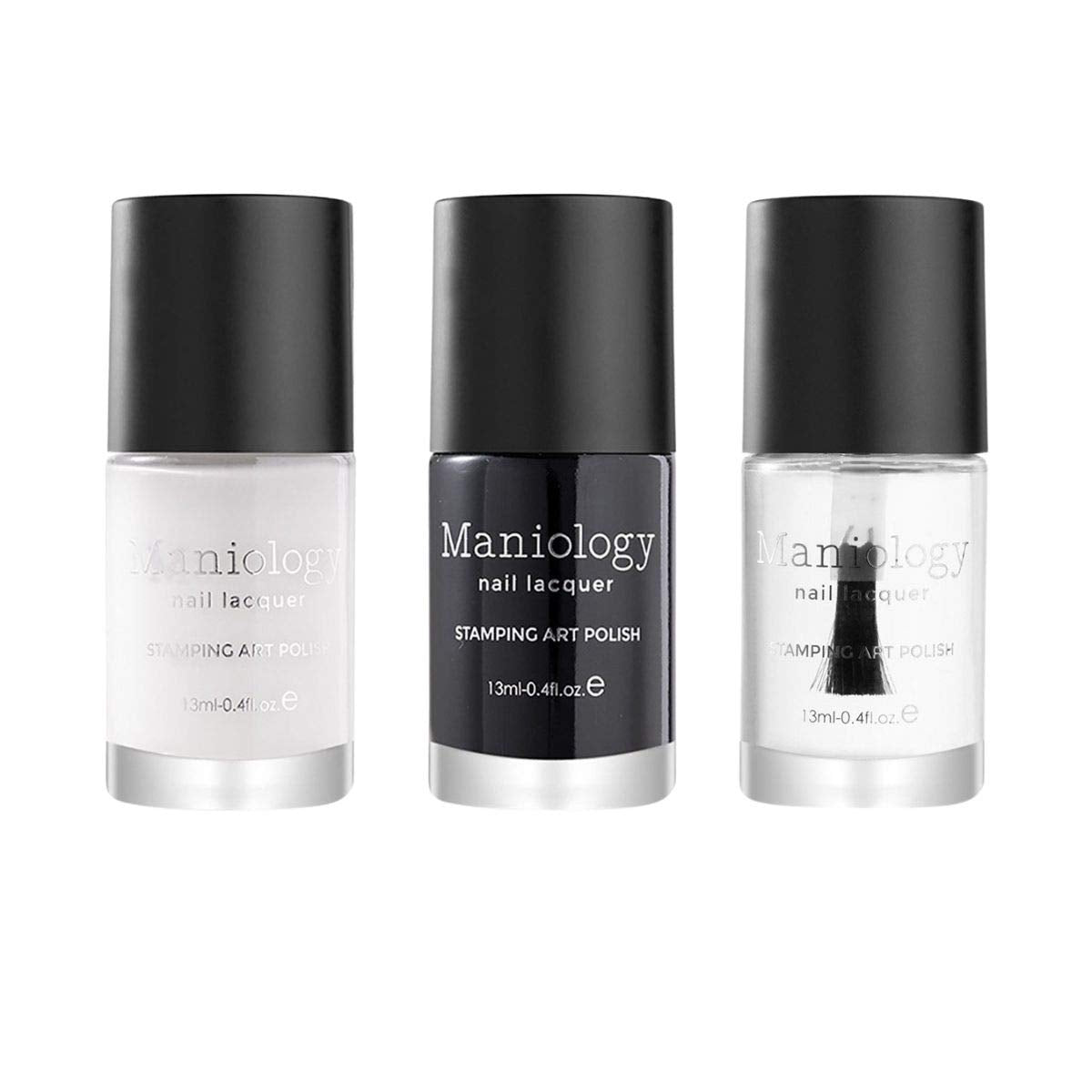 Maniology Black & White Nail Polish Duo - Smudge-Free Top Coat | 3-Piece Set | 13ml Bottles for Stamping & DIY Manicures