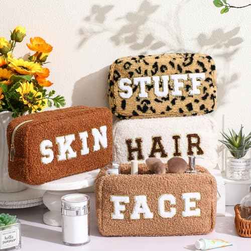 Paterr 4 Pcs Chenille Letter Preppy Patches Makeup Bag Plush Fuzzy Makeup Pouch Hair Skin Face Stuff Bag Large Cosmetic Purse Zipper Travel Toiletry Kit for Spring Gift(Brown Colors)