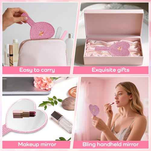 Bling Rhinestone Heart Hand Mirror Pink, Large 7.1x5.1 inch HD Handheld Mirror, Sparkling Cosmetic Vanity Mirror, Lash Mirror Tool for Women Teen Girls Gift