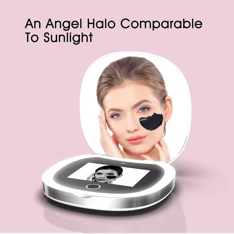 Portable LED Beauty Mirror - Smart UV Sunscreen Tester & 360° Adjustable Camera for Skin Protection | Ideal for Travel & Makeup
