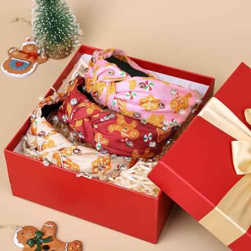 CiyvoLyeen Gingerbread Headband Ribbon Knotted with Jeweled Rhinestones for Women Wide Hot Pink Red Cookies GibberyHouse Hair Bands Girls Hair Accessories Gift Exchange Ideas 3PCS Christmas Gift