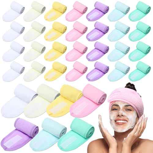 35 Pack Spa Facial Headband for Women Adjustable Face Wash Makeup Stretch Flannel Headband Bulk with Tape for Women Hair Wrap Towel Skincare Facial Mask Bath and Sport, Macaron Color