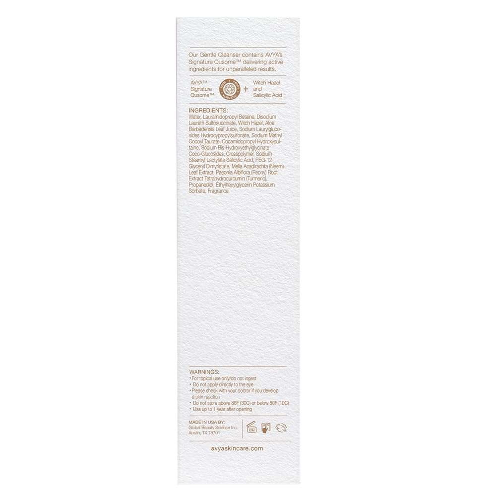 Avya Skincare Non-Foaming Gentle Cleanser/Removes Impurities and Cleans Skin Without Stripping Moisture/Fights Acne and Shrinks Pores for Improved Texture and Brightness (4oz)