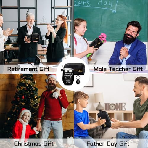 Dandat Set of 3 Thank You Gift for Men Leather Toiletry Bag May You Be Proud of The Work Sign 12oz Stainless Steel Tumbler with Inspirational Keychain for Men Teacher Male Staff(Black)