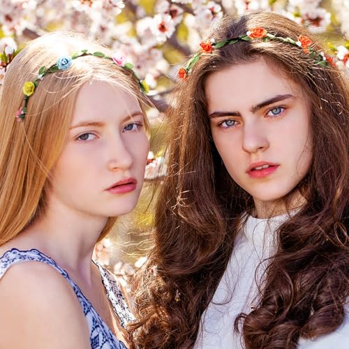 WILLBOND 48 Pcs Flower Headbands for Women Floral Garland Headbands Fairy Wreath Green Leaves Flower Headband Bulk for Women Wedding Festival Holiday Party Photography Props