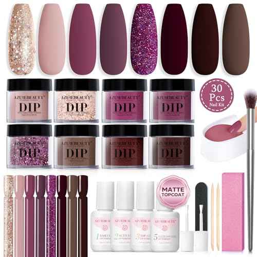 AZUREBEAUTY Dip Powder Nail Kit Starter Glitter Purple Nude Brown 8 Colors 30 Pcs with Nail Swatch Sticks, Dipping Powder Liquid Set Matte Top Coat for Fall Winter Nail Art Manicure Salon DIY Home