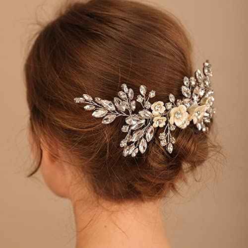 Bridal White Flower Blue Crystal Rhinestone Hair Comb for Bride Bridesmaid Sliding side Headpieces Wedding Hair Accessories for Women and Girls (Blue)