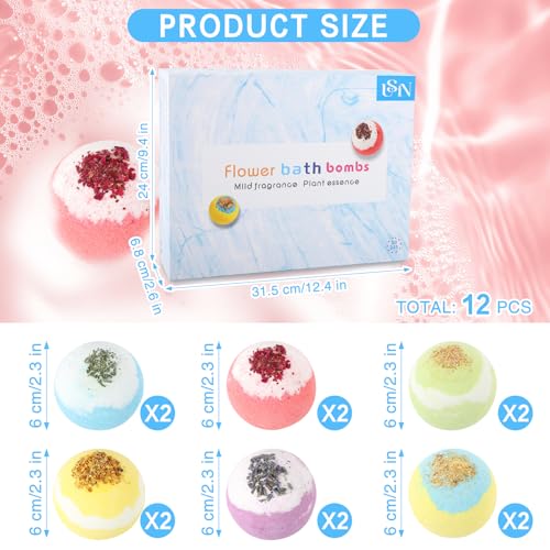 Bath Bombs for Women, USIN Natural Bubble Bath Balls Gift Set, Pack of 12 Pcs Multiple Bath Bomb, SPA Relaxing, Self Care, Gifts for Women, Men, Girls, Boys, Natural Flower Petals, 3.53 Oz Large Size