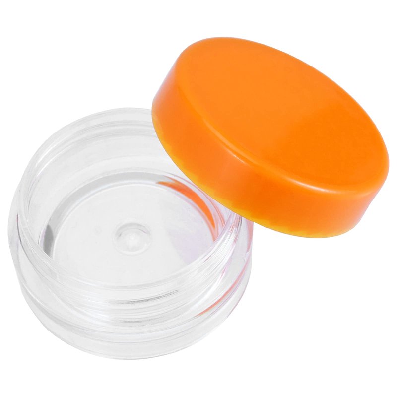 JOIKIT 200 Pack 3 Gram Jars with Orange Lid, 3ML Empty Clear Plastic Makeup Sample Containers, Cosmetic Sample Jar for Lotion, Cream, Eye Shadow, Lip Balms