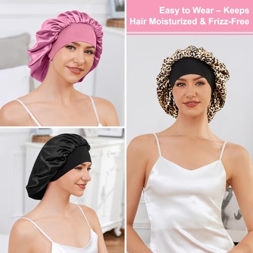 3PCS Silk Sleep Bonnet for Women, Large Satin Hair Caps with Elastic Band for Curly Hair and Frizz Control