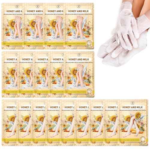 18 Pairs Moisturizing Hand & Foot Masks with Honey, Milk, Vitamin E & Glycerin, Intensely Hydrating Foot Mask for Dry Cracked Feet, Moisturizing Socks for Cracked Heel Treatment