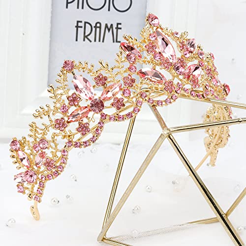Pink Tiara for Women Gold Crown for Girls Wedding Princess Birthday Crystal Rhinestones Headbands for Prom Bridal Party Halloween Costume Christmas Gift