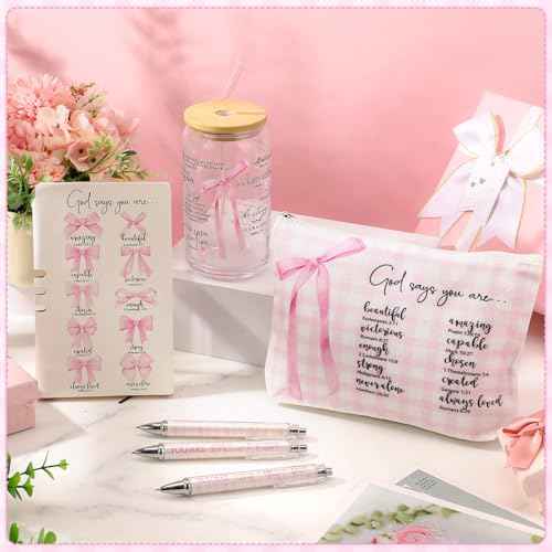 Skylety 6 Pcs Christian Gift Set for Women Includes Bible Journal Religious Pens Pink Bow Cosmetic Bag Glass Cup Pink Stuff Accessories Cancer Awareness Gifts for Women Mom Sunday School Teacher