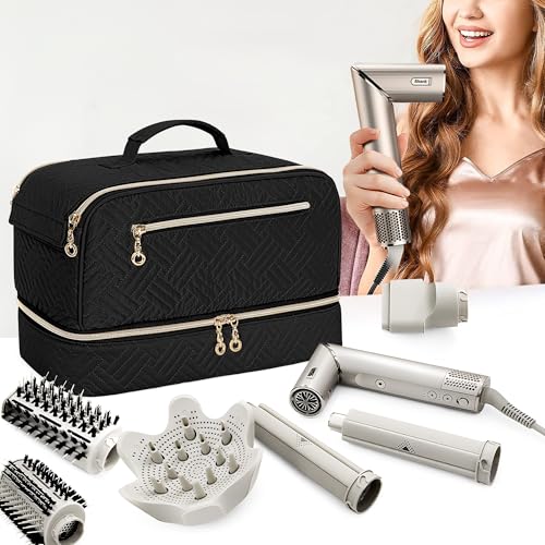 Teamoy Travel Carrying Case Compatible with Shark Flexstyle, Double-Layer Storage Bag for Shark Hyperair, Portable Travel Organizer for Dyson Airwrap Styler and Attachments, Black Quilted