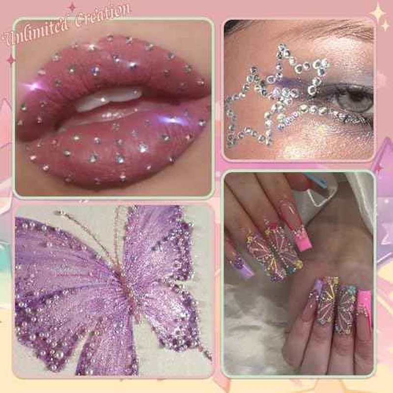 Nail Rhinestones , AB Crystal Nail Gems Flat Back Nail Rhinestones with Nail Pearls Star Heart Bows FLower Nail Charms and Rhinestone Picker Tools for Kwaii Y2K Nail Art Decor - 3 Boxes