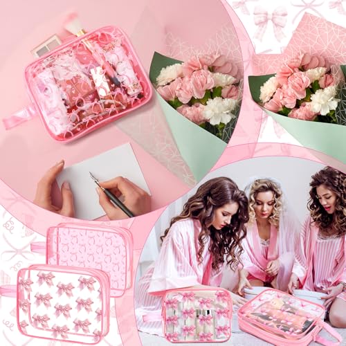 Kacctyen 6 Pcs Coquette Pink Bow Makeup Bags Gifts Accessories for Cosmetic Bags Pink Bow Gift Clear PVC Cheer Case Toiletry Zipper Pouch Waterproof Travel Toiletry Handbag Purses Organizer for Women