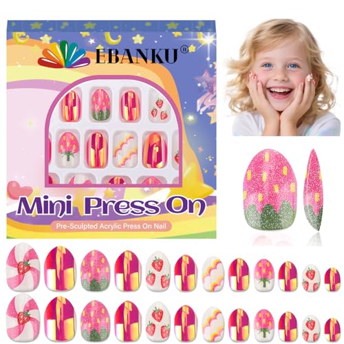 EBANKU 1 Pack Kid Fake Nail Kit, 24 Pieces Strawberries Press on Nails for Kids Almond Press on Nail Short Artificial False Nail Kits for Kids Girls