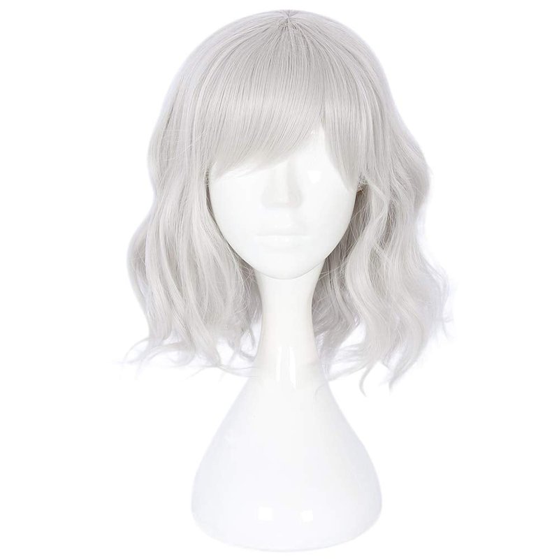 Filuckyve 14" Women Short Bob Wig with Bangs Curly Wavy Harajuku Synthetic Cute Daily Halloween Party Cosplay Hair(silver)