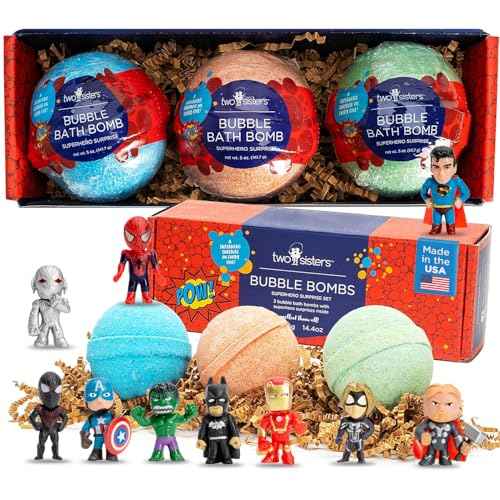 Superhero Bath Bombs for Kids with Surprise Toys Inside (3 Pack) - Large Bubble Bomb for Boys & Girls - Fizzies, Relaxing Aromas, Made in USA, Skin-Safe, Stain-Free by Two Sisters