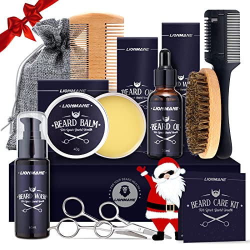 Lionmane Beard Care Christmas Gifts Kit for Men, Beard Mustache Grooming Kit-Beard Balm, Beard Wash, Beard Oil, Brush, Scissors, Birthday Anniversary Thanksgiving Gifts for Husband/Boyfriend/Dad/Him