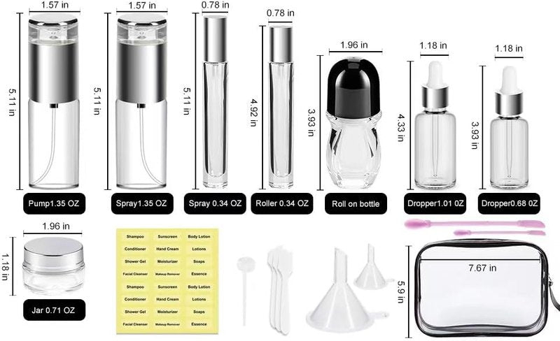 34 Piece Glass Travel Bottles Set - TSA Approved Mini Makeup Containers | Refillable, Leak-Proof, BPA-Free Toiletry Bag for Skincare
