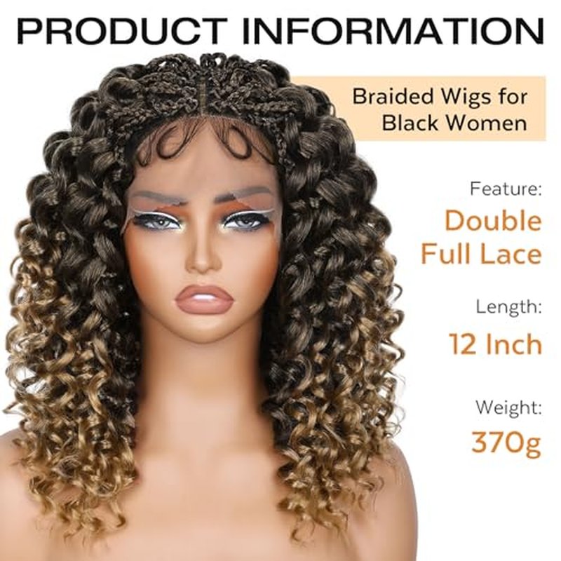 Lady Miranda Double Full Lace GoGo Curl Braided Wigs for Black Women Synthetic Lace Front Wigs Natural Knotless Curly Braided Wig with Baby Hair(1B/27, 12 Inch)