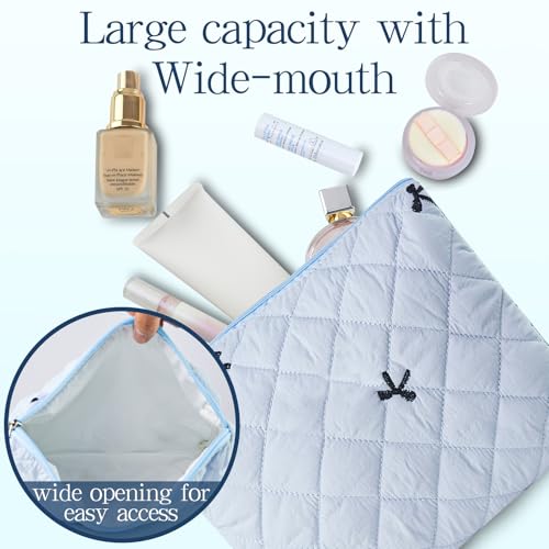 3Pcs Quilted Makeup Bag, Cute Floral Cotton Cosmetic Bag set, Coquette Bow Makeup Pouch Large Travel Toiletry Bag