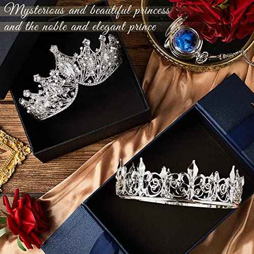 Junkin 2 Pcs Prom King and Queen Crowns for Men Women Baroque Queen King Prince Tiara Princess Crystal Headband for Halloween Wedding Birthday Grad Rhinestone Prom Party(Silver)