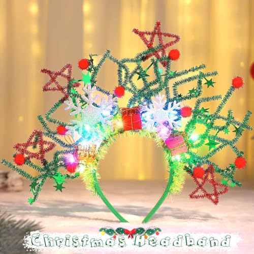 CASDRE Christmas Light up Headband Green Red Snowflake Hair Hoop Xmas Gift Sparkly Hair Accessories for Women and Girls