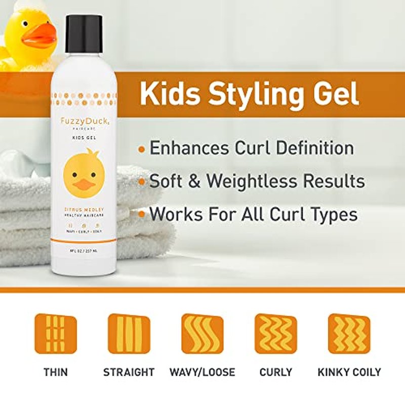 FuzzyDuck Kids Shampoo + Body Wash, Conditioner and Hair Gel Set (8oz each) for All Hair Types, Moisturizer with Aloe, Sea Botanicals & Honey to Reduce Frizz, Increase Moisture & Manageability for Smooth, Silky Hair - Citrus Medley