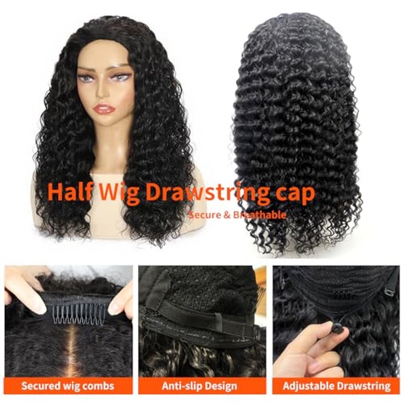 XSY Curly Half Wig Human Hair 12 Inch Deep Wave Half Wigs for Black Women 3 In 1 Beginner Friendly Glueless Wear and Go Half Curly Wig 180% Density Natural Black