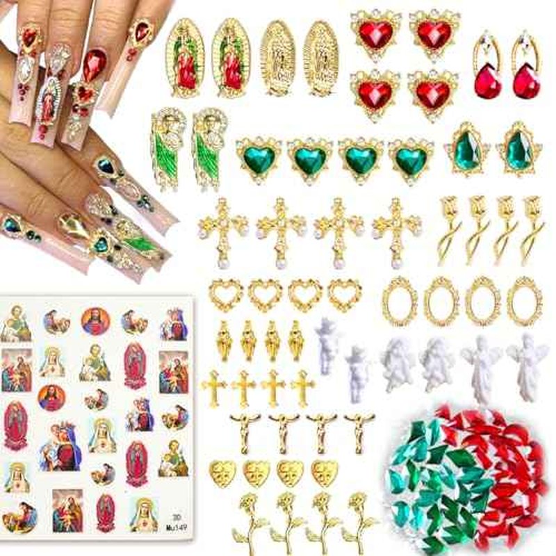 107pcs Virgin Mary Cross Gold Nail Charms Gems,San Judas Nail Charms 3D Alloy Heart Rose Angel Rhinestones for Acrylic Nail Art Religious Nail Stickers Manicure Decoration Supplies (Green, Red, Gold)