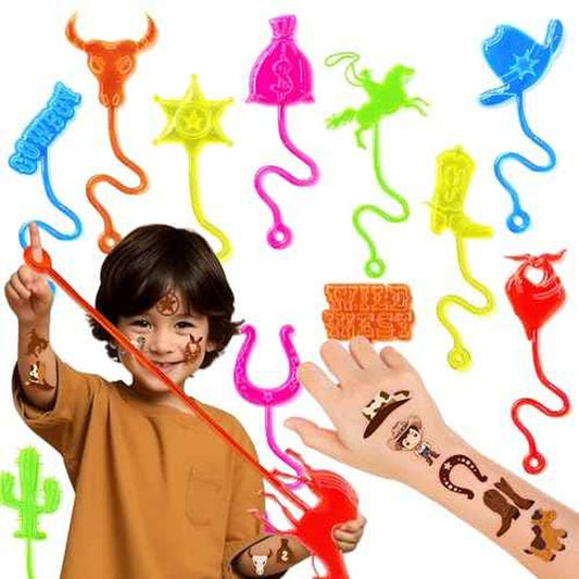 48PCS Cowboy Party Favors - 24PCS Cowboy Temporary Tattoos & 24PCS Cowboy Stick Hands - Perfect Birthday Favors, Goodie Bag Stuffers, Treasure Box Toys, Classroom Prizes, and Student Gifts
