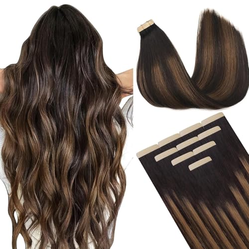 DOORES Tape in Hair Extensions, Balayage Dark Brown to Chestnut Brown 25g 10pcs 18 Inch Remy Straight Hair Skin Weft