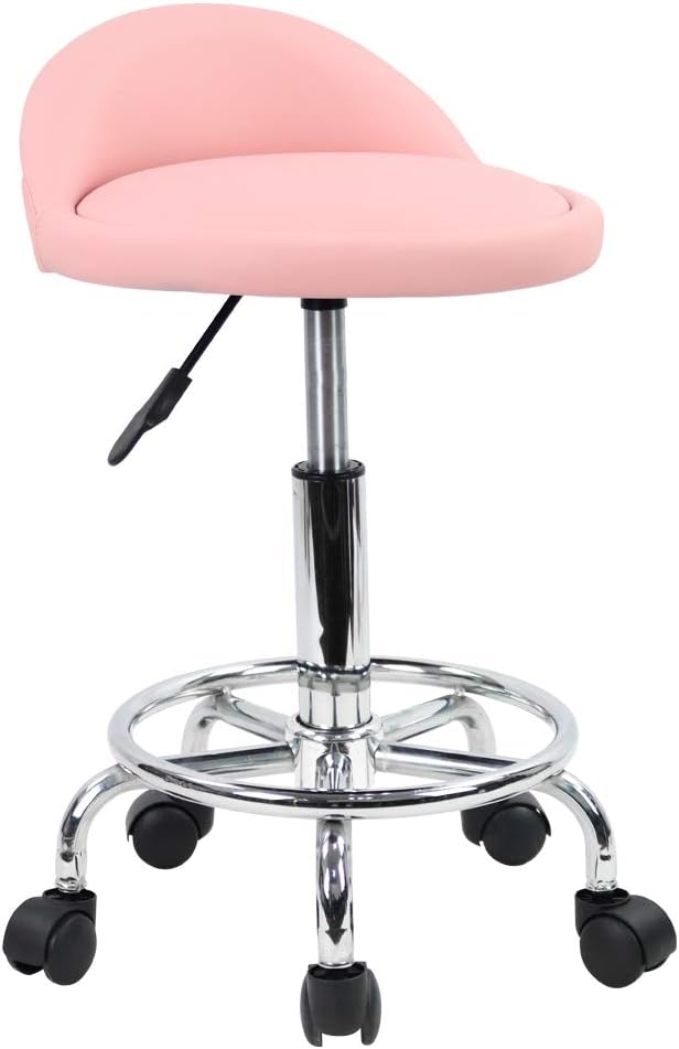 PU Leather Round Rolling Stool - Height Adjustable Swivel Drafting Chair with Foot Rest | Pink