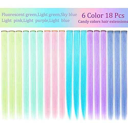 18 PCS Colored Hair Extensions 21Inch Heat-resistant Synthetic Straight Hair Extensions Clip in,Hair Accessories for Girls Holiday Party Hair Highlights Women Wig Pieces (Multi-colored)