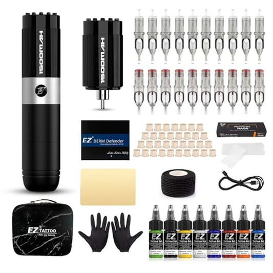 EZ Tattoo Kit - Tattoo Gun Kit Complete with Rotary Tattoo Machine Pen, Extra 1500mAh Battery Power Supply, 20Pcs Tattoo Needles and 8 Color Inks for Tattoo Beginners and Artists (Filter Fr Black)