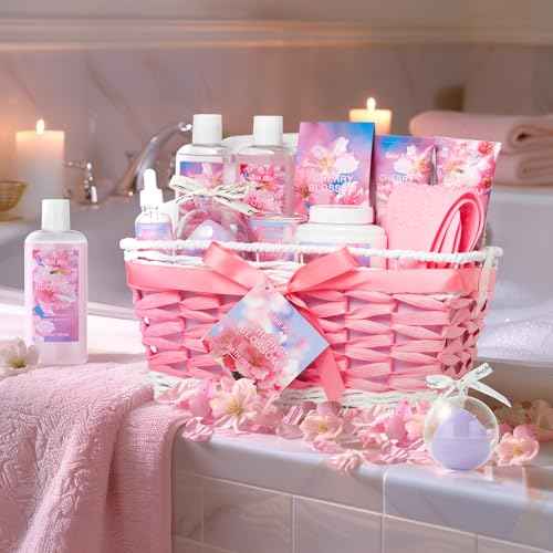Bath & Body Gift Set, Luxury Home Spa Bath Gift Basket, Cherry Blossom spa kit for women,bath basket Christmas Gifts for Women & Teens, 12 Pcs Bath Spa Kit for women Body Kit Birthday Gift Christmas