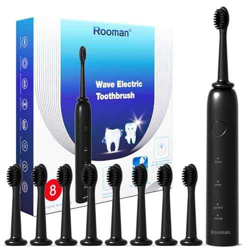 Rooman Oscillation&Vibration Sonic Electric Toothbrush for Adults, with 8 Brush Heads for Travel & Teeth Care, 20000 VPM, 3 Cleaning Modes, 2-Minute Timer, IPX7 Waterproof (Black)