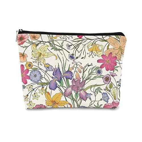 Vintage Cottagecore Watercolor Summer Wildflowers Makeup Bag,Colorful Floral Cosmetic Bag Best Gift Idea for Flower Lover Girls Women Mom,Zipper Travel Toiletry Bag Birthday Mother's Day Gifts for Mom