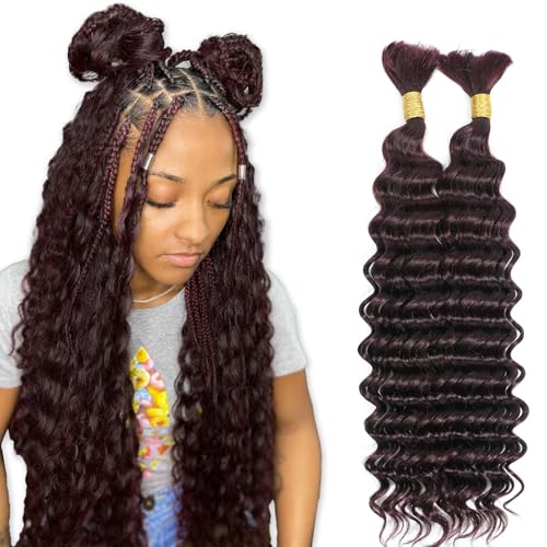 DMKEEP Burgundy Top Grade Human Braiding Hair 2 Bundles 100g Human Hair Braiding Hair No Weft Deep Wave Bulk Human Hair for Braiding Hair Extensions 99J 18 Inch