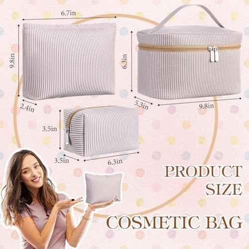 3 Pieces Seersucker Makeup Bag Set Cute Cosmetic Pouch for Women Travel Toiletry Bag Preppy Small Makeup Purse Pouch Aesthetic Skincare Brushes Storage Organizer for Women(Khaki)