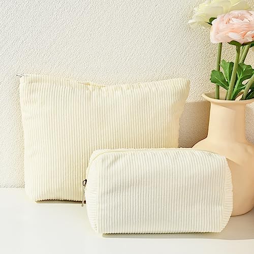 SOIDRAM 2 Pieces Corduroy Makeup Bag Large Corduroy Cosmetic Bag Capacity Canvas Mix Travel Toiletry Bag Organizer Cute Makeup Brushes Aesthetic Accessories Storage Bag for Women