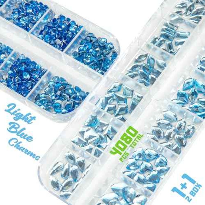 Light Blue Rhinestones for Nails Multi Shapes Crystal Flatback Rhinestones Gems Round Beads Glass Stones Diamonds Jewels w Wax Pen for Faces Eyes Makeup Crafts
