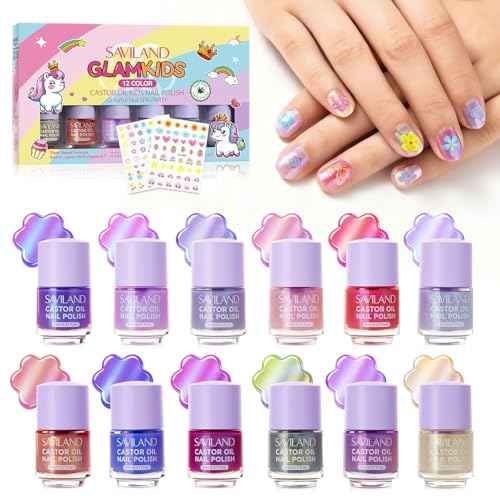 SAVILAND Glamkids Kids Nail Polish Set: Plant-Based 12 Colors Toddler Nail Polish Toxic-Free Peel-Off Kids Fingernail Polish with Nail Art Stickers Decals for Christmas Birthday Gifts Girls Ages 5-12